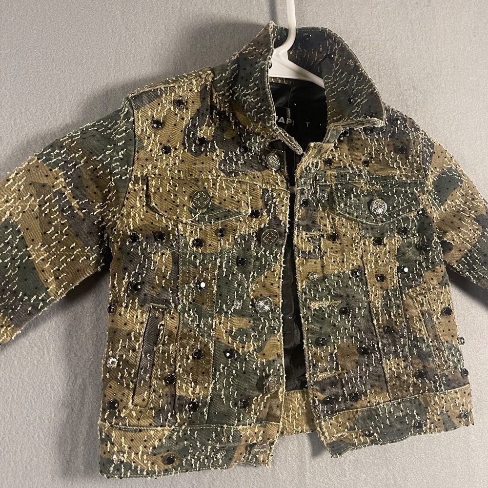 GUAPI Kids 3T Camo Distressed Rhinestone Crystal Denim Jacket Embellished - Picture 3 of 16
